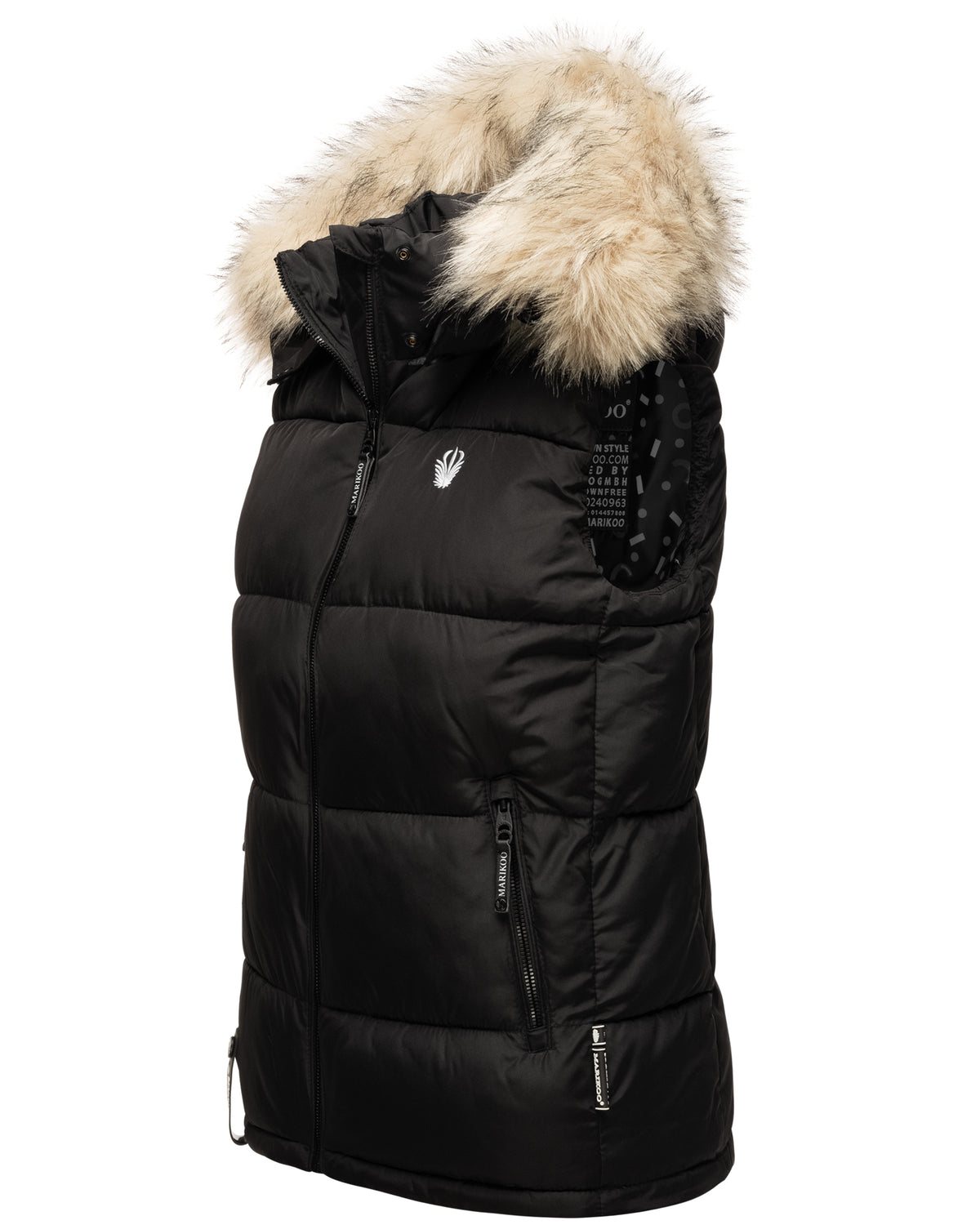 black padded vest with faux fur hood